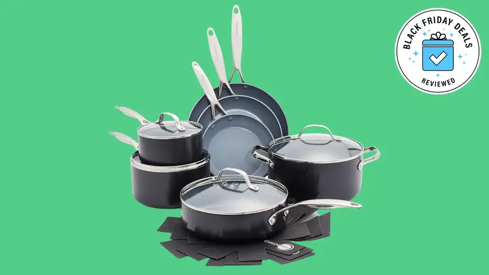 11-piece GreenPan cookware set on green background.