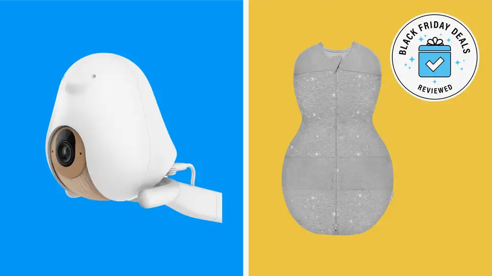 A baby monitor and swaddle on a blue and yellow background.