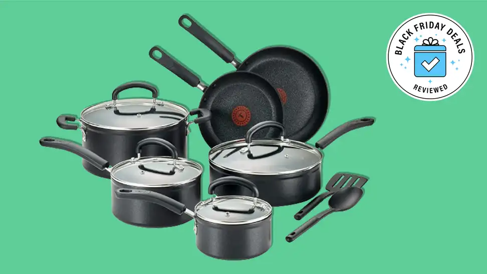 T-fal Advanced Non-Stick Cookware set on green background.