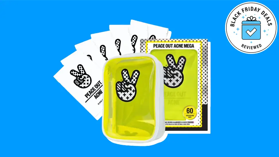 A packet of Peace Out Skincare pimple patches against a blue background.