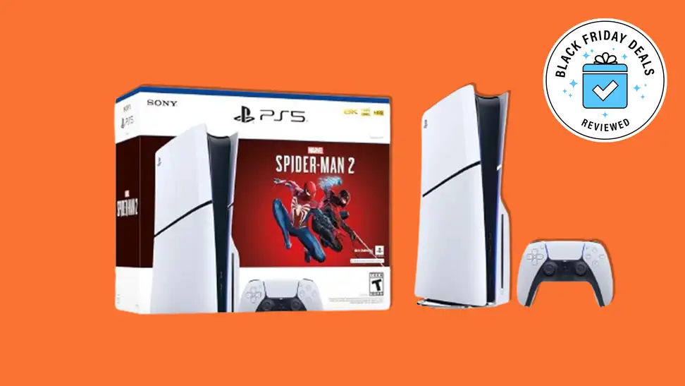 The PlayStation 5 console Marvel's Spider-Man 2 bundle and a PS5 on an orange background.