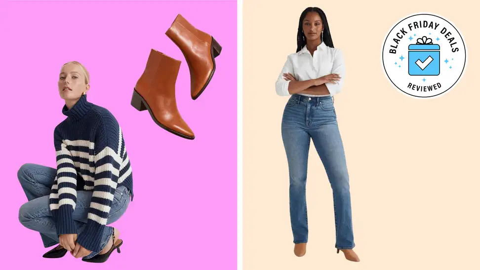 Woman on bent knee wearing striped sweater and jeans, woman standing in white blouse and denim jeans.