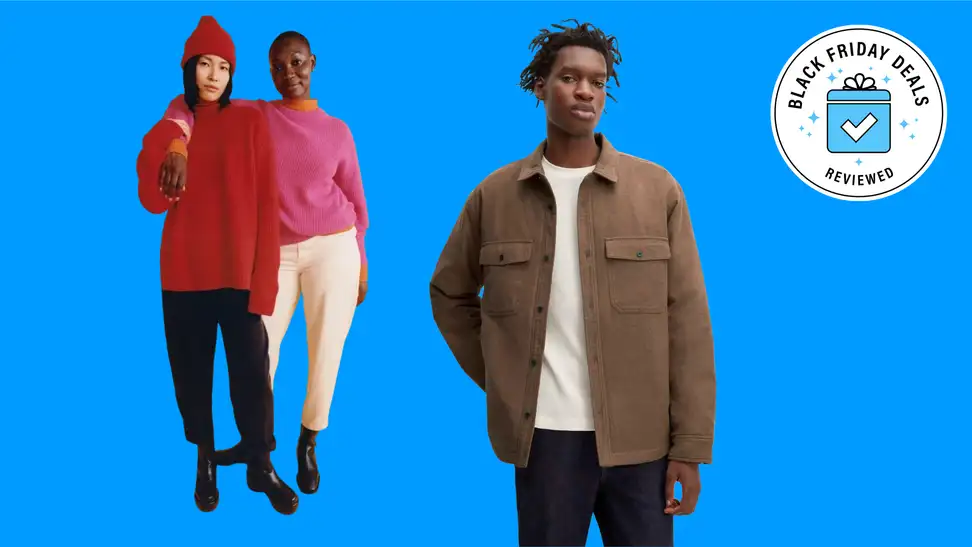 Two people in different colored sweaters and a person in brown flannel on a blue background.