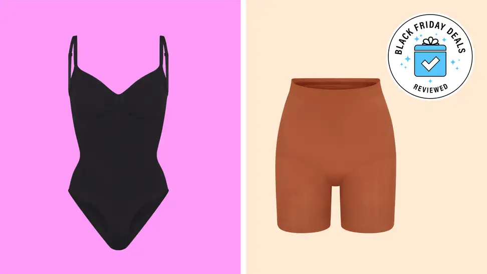 A bodysuit and pair of shorts on a pink and beige background.