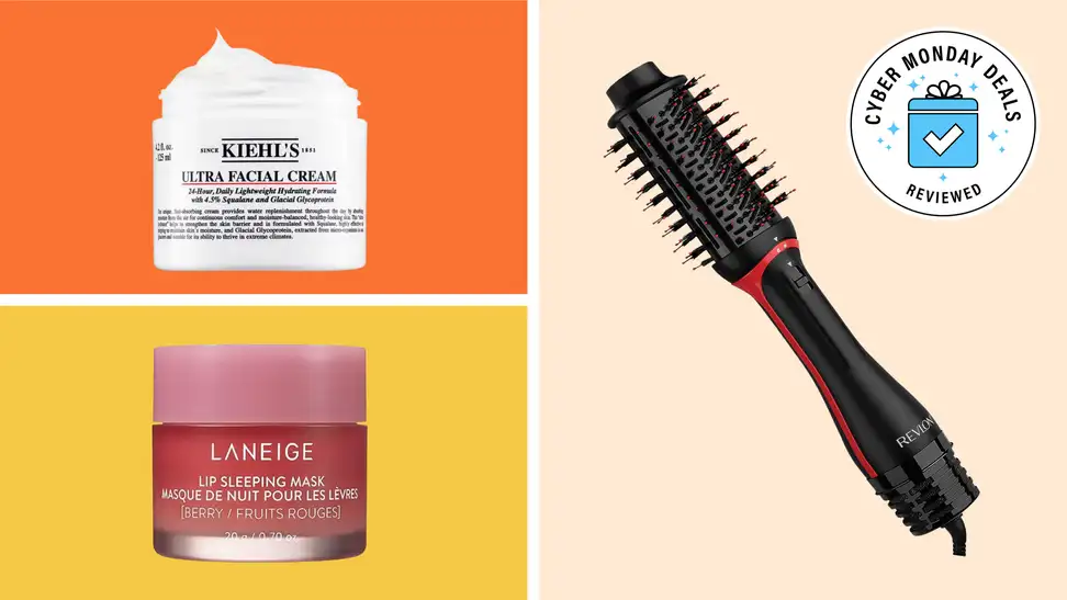 An image of a Kiehl's face cream, a Laniege lip mask, and a Revlon hair dryer.