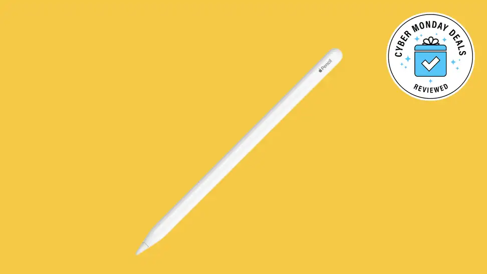 An Apple Pencil 2 on a yellow background with a Cyber Monday badge in the corner.