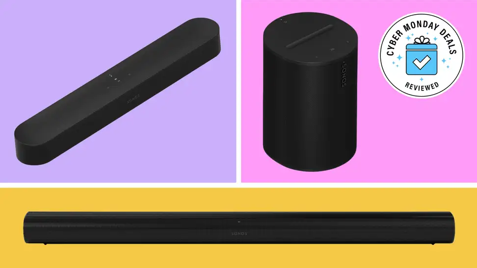 A three panel image of a Sonos Era speaker, Sonos Arc soundbar, and a Sonos Beam soundbar on a multi-colored background