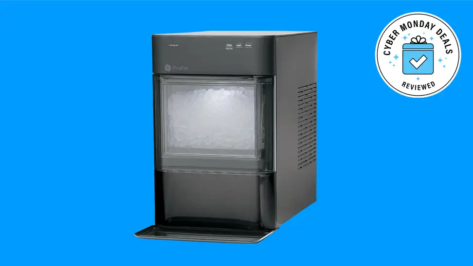 The GE Profile Opal 2.0 ice maker on a blue background.