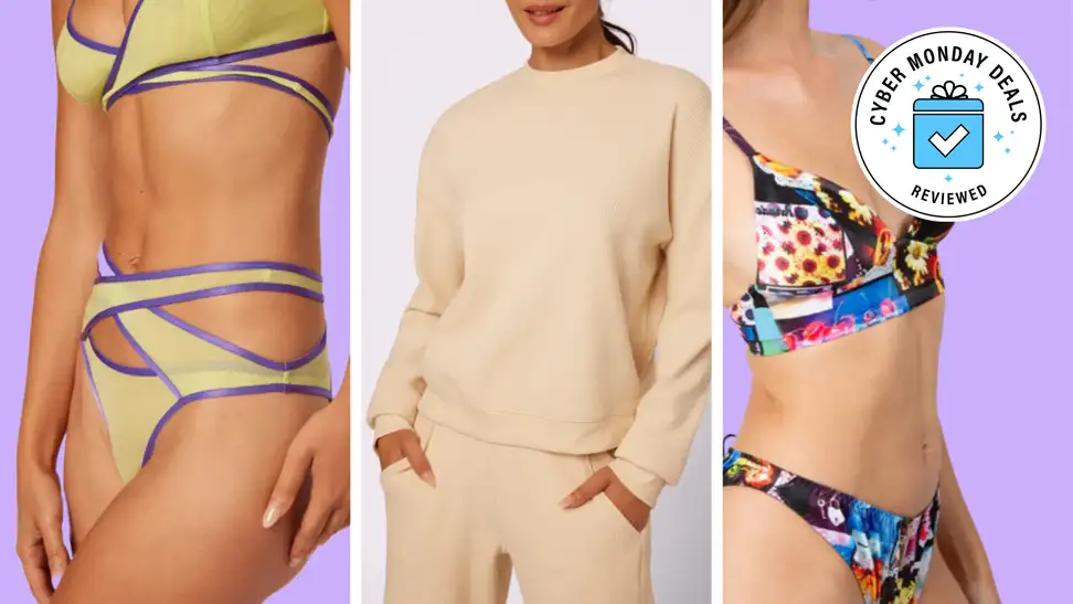 Three models wearing intricate lingerie and loungewear.