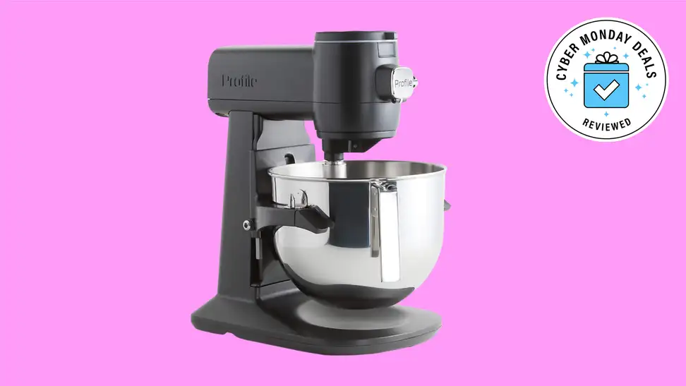 GE Profile stand mixer on hot pink background