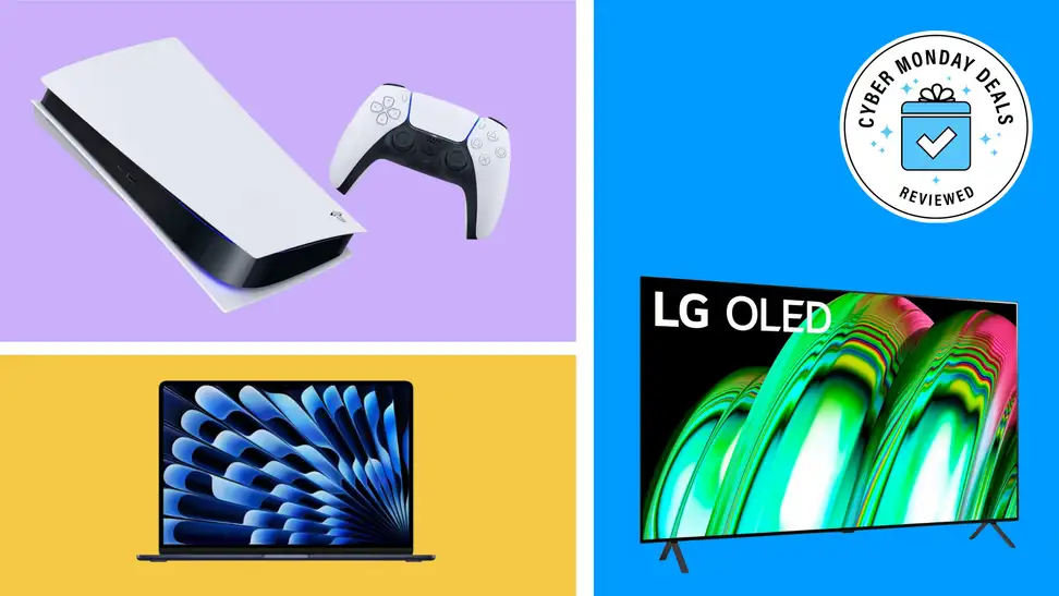 white ps5, apple laptop, and smart tv on gold, lavender, and blue background
