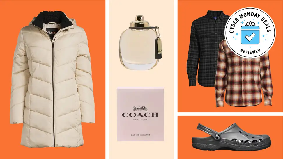 Crocs shoes, a tan puffer jacket, plaid shirts, and perfume bottle on a multi-colored background