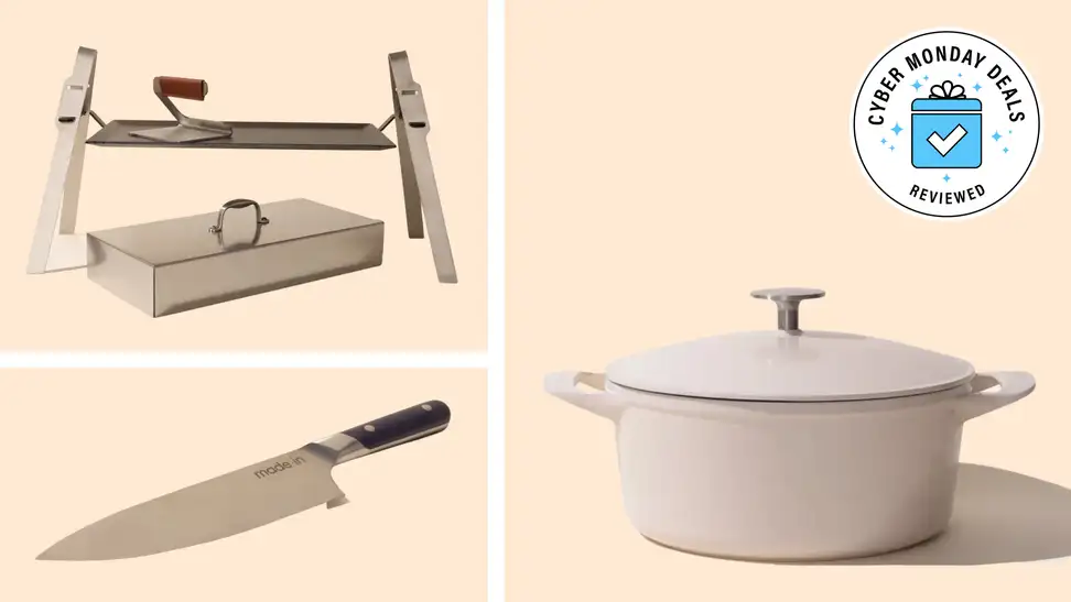 Made in Griddle System, chef's knife, and Dutch oven on a beige background