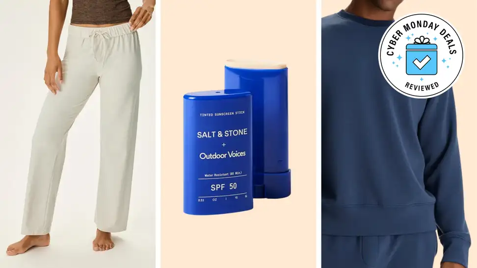 A model wearing white pants, an SPF stick, and a model wearing a blue sweatshirt.