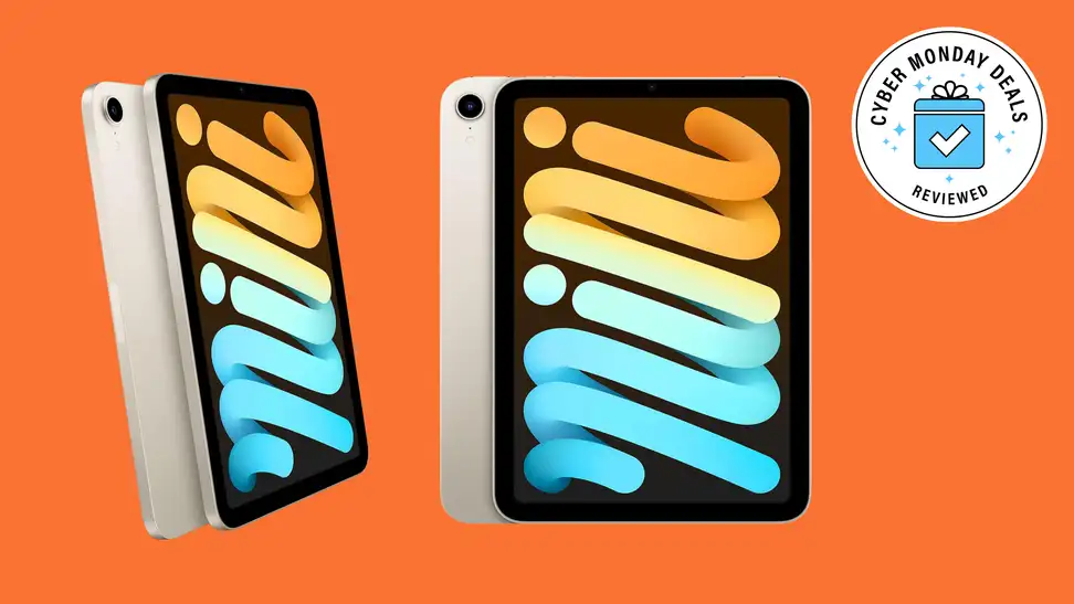 Two shots of an iPad Mini against an orange background.