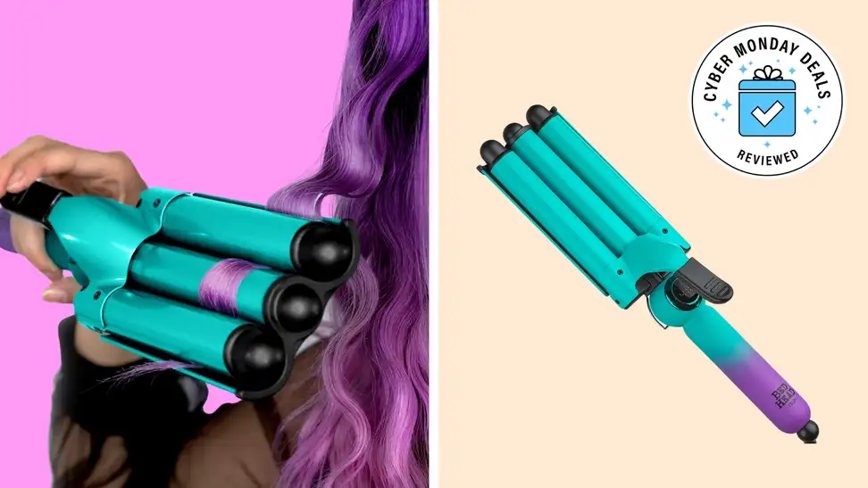 On left, person with long hair standing behind the Bed Head Wave Affair Jumbo 3 Barrel Hair Waver next to enlarged Bed Head Wave Affair Jumbo 3 Barrel Hair Waver.