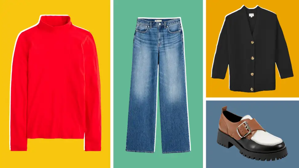 A red turtleneck, a model wearing a black cardigan, a model wearing wide-leg jeans, and multicolored loafers.