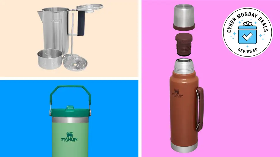 Three Stanley products with the Cyber Monday Deals Reviewed badge in front of colored backgrounds.