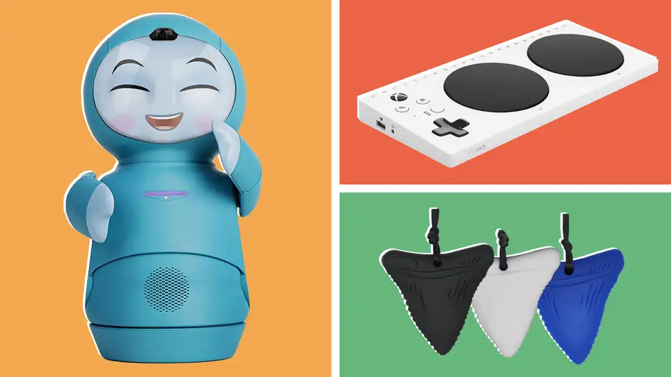 Collage of the blue-gray Moxie robot companion, the Microsoft Adaptive Controller, and three sensory chew necklaces hanging side by side.