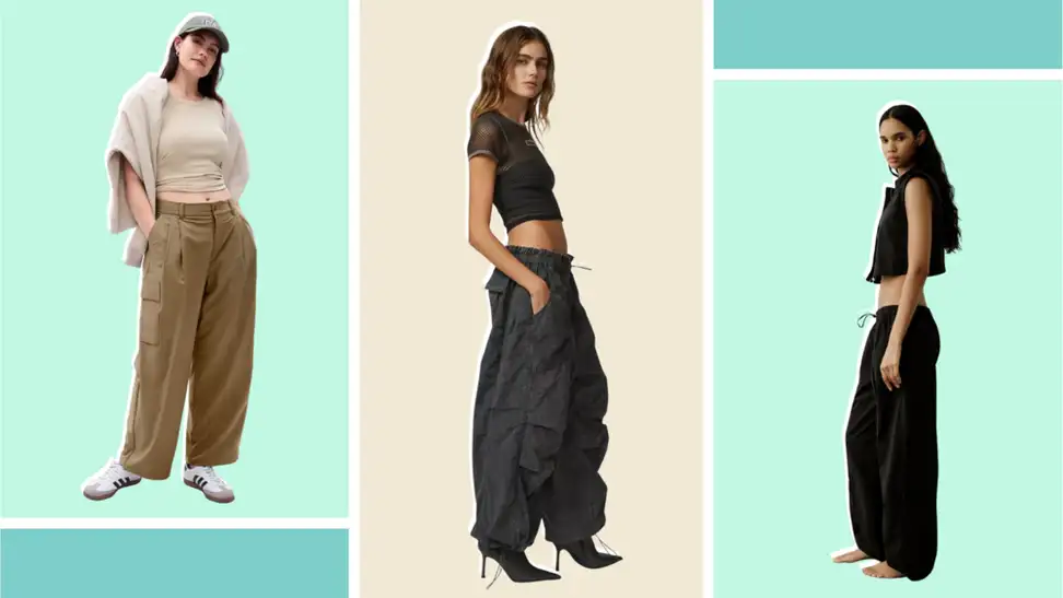Three models wearing parachute pants.