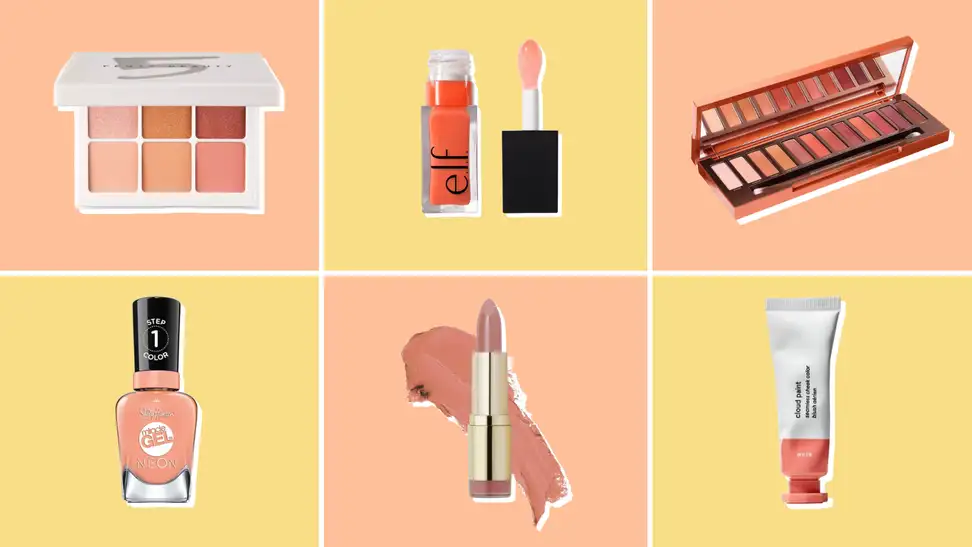 Collage of six peach fuzz-colored beauty products