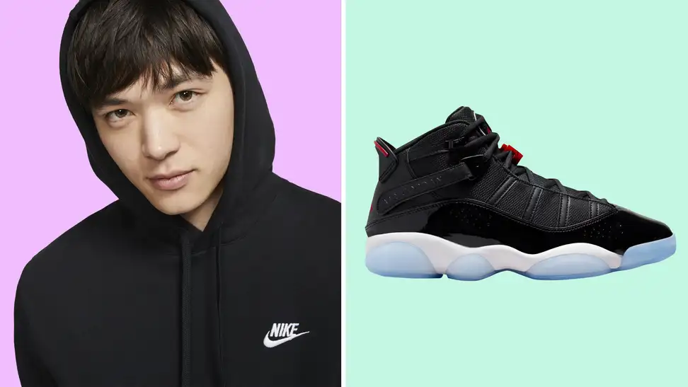 A collage with Jordans and a Nike pullover hoodie from Champs.
