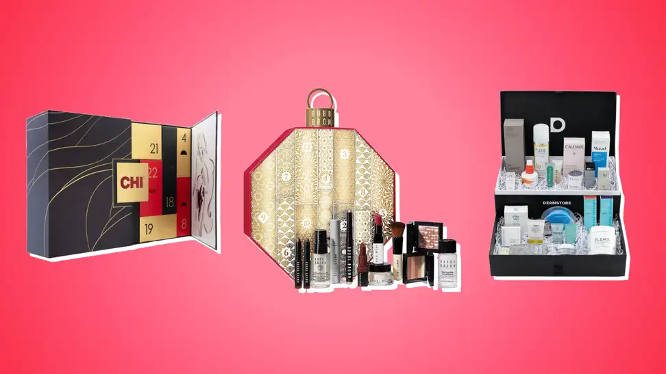 Collage of three Advent beauty calendars against a red background.
