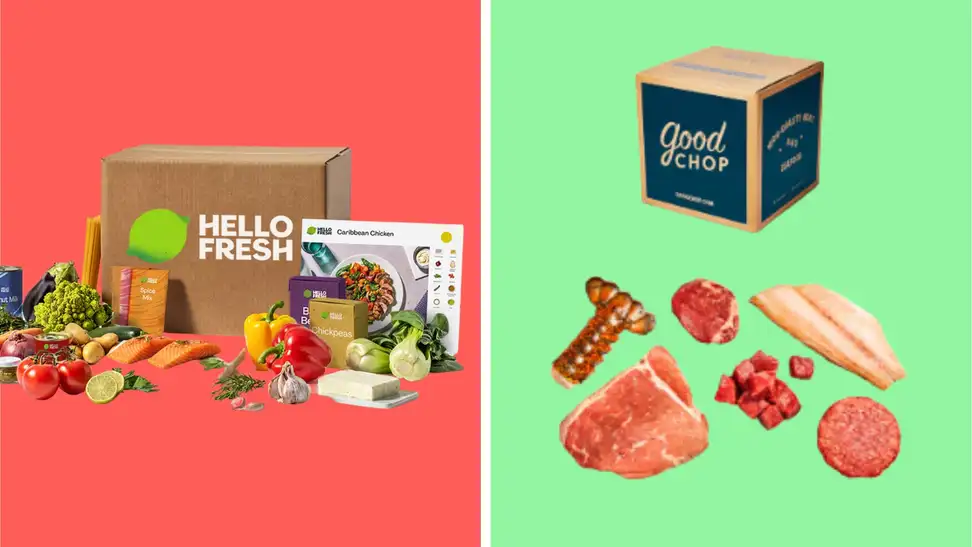 A HelloFresh box with ingredients in front of it next to a Good Chop box with various meats below it in front of colored backgrounds,