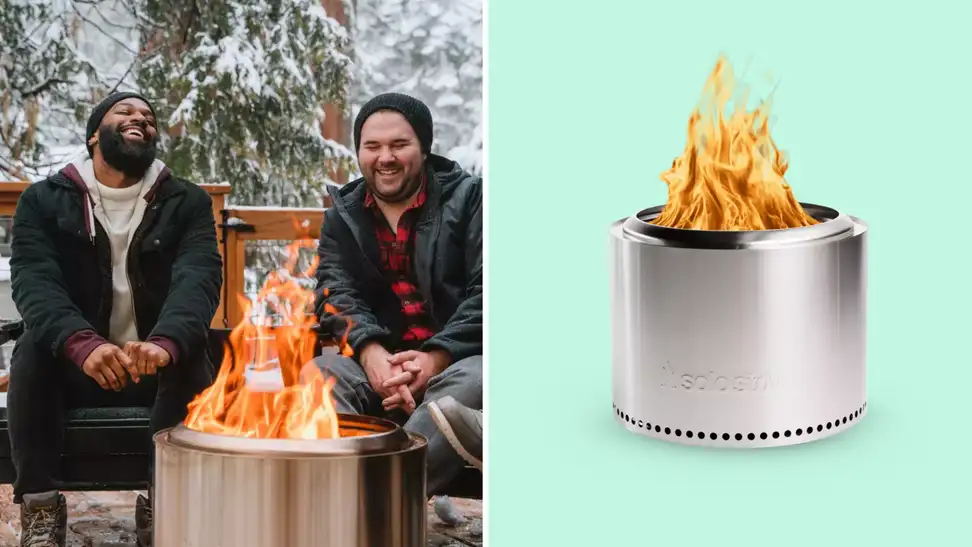 A collage of Solo Stove fire pits on a light green and wintry background.