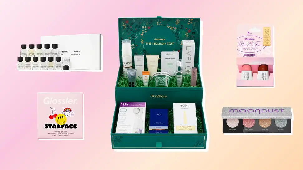 Collage of five beauty gift sets from Henry Rose, Skinstore, Glossier, and Urban Decay.