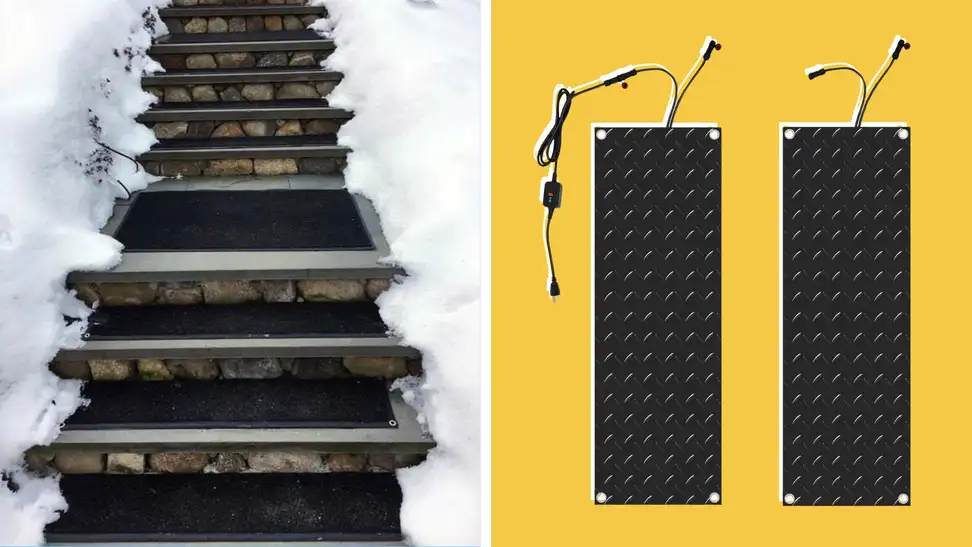 On left, black snow mats cover a snowy staircase outdoors. On right, two identical, black snow melting mats with two power cords sticking out the side in front of yellow background.