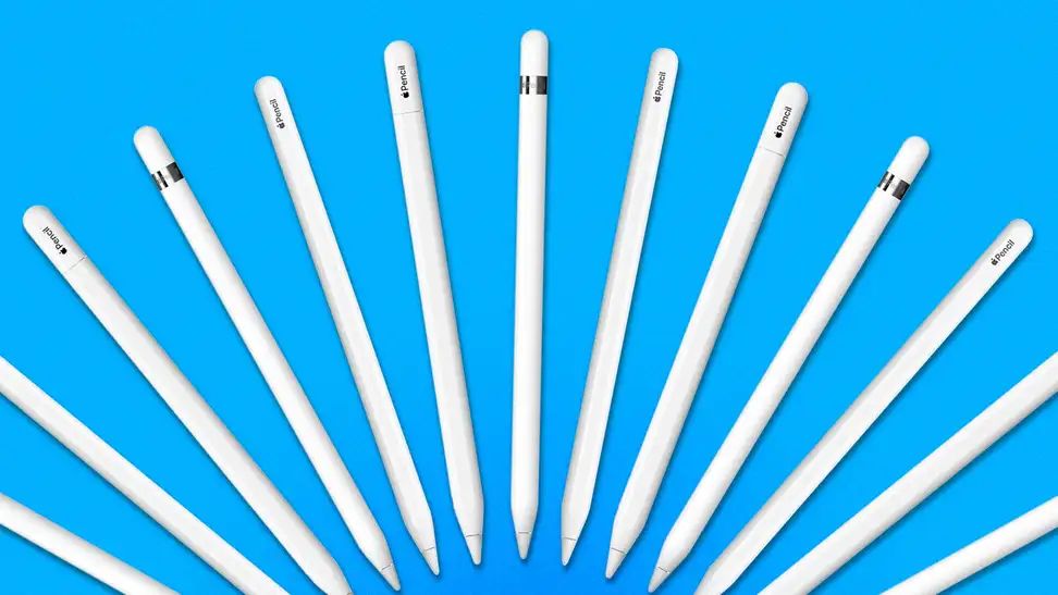 A row of Apple Pencils on a blue background.