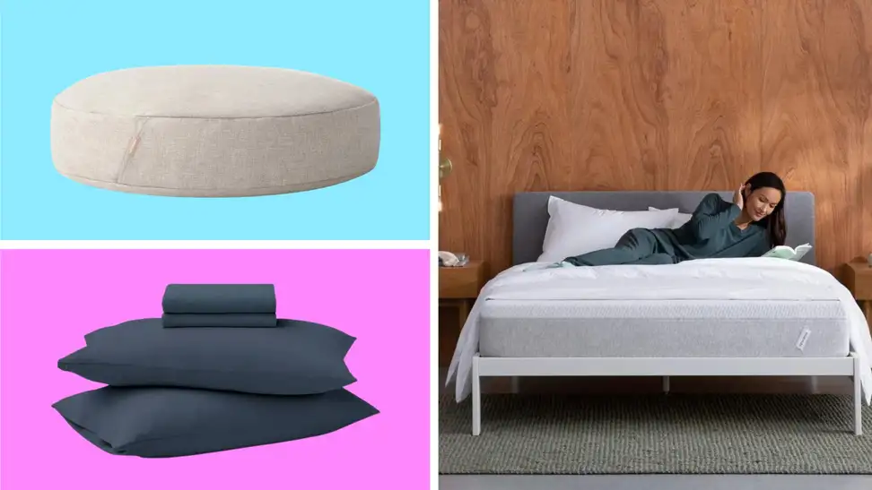 A collection of Tuft & Needle sleep essentials in front of various backgrounds.