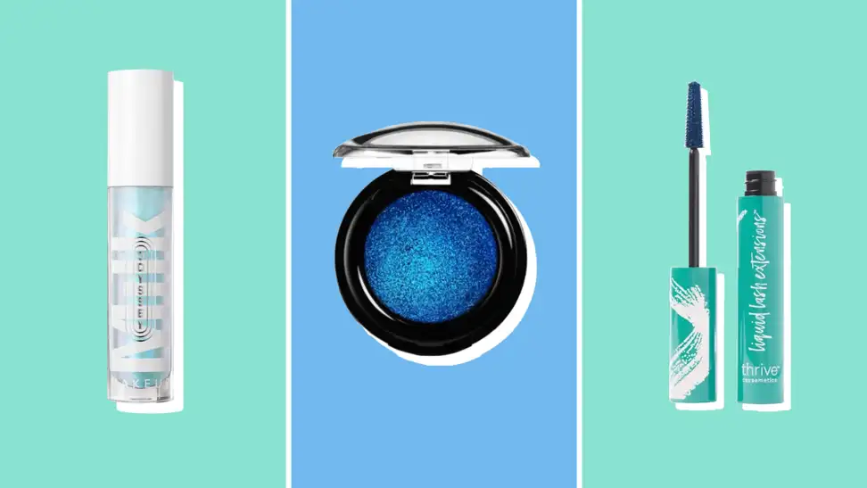 Collage of three blue makeup products.