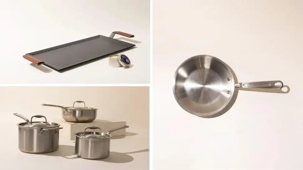 A collection of Made In cookware pieces in front of blank backgrounds.
