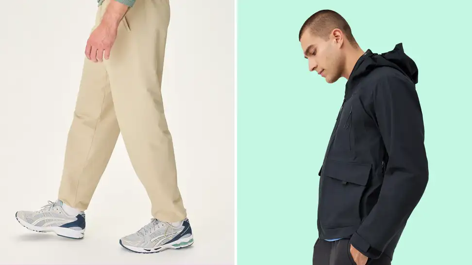 A collage with jackets and pants from Outdoor Voices.