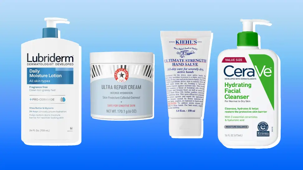 Collage of four skincare products against a blue background.
