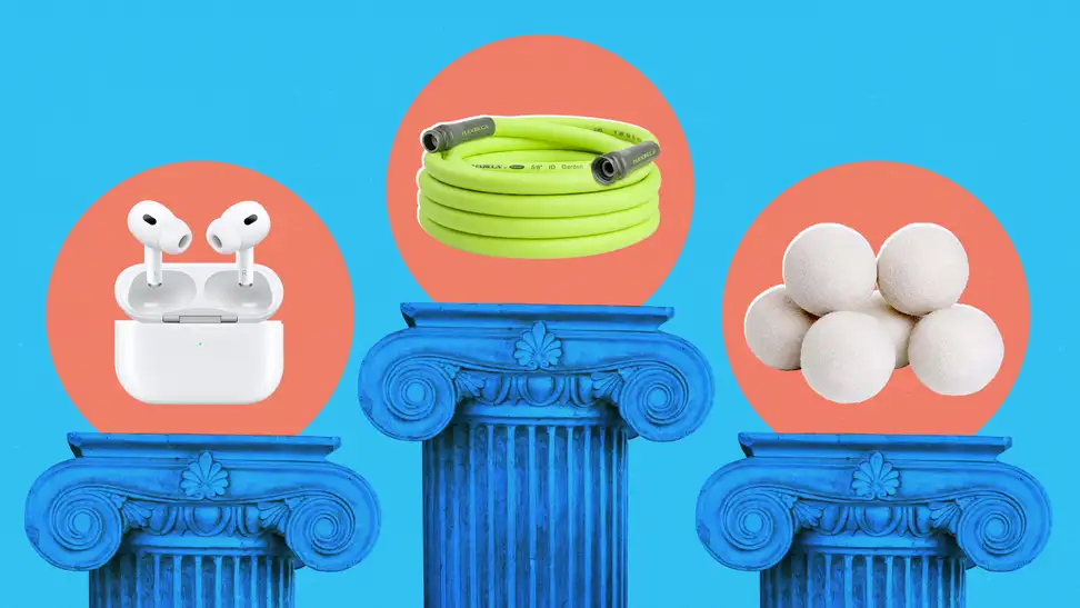 AirPods, a Flexilla garden hose, and Budieggs dryer balls appear on pedestals in a photo with a blue and orange background.