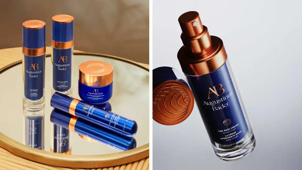 Augustinus Bader eye patches, face moisturizer, and body cream in a collage.