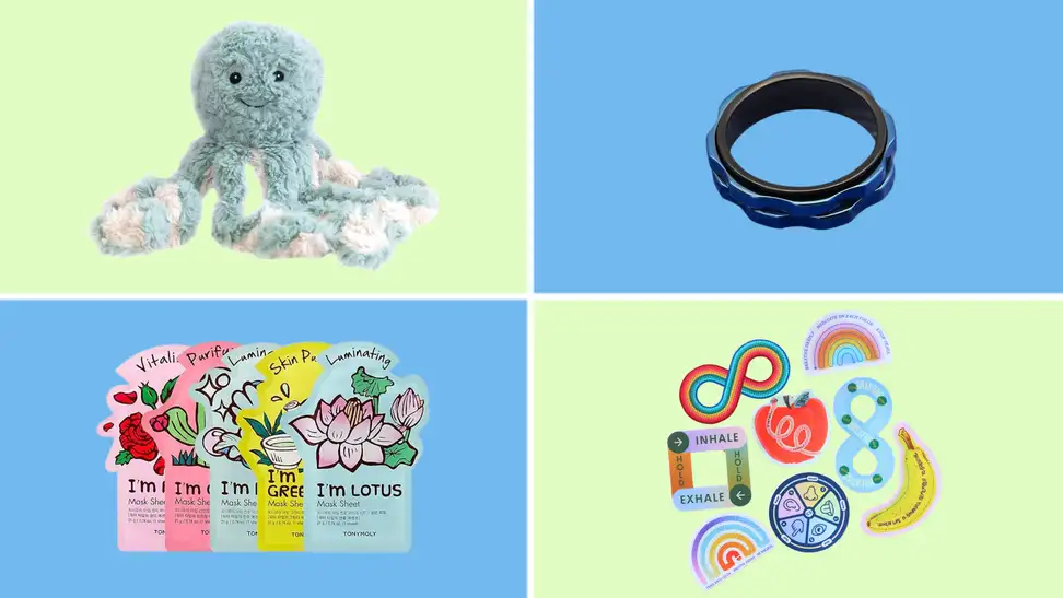 A stuffed animal octopus, LuckyArmor fidget ring, TonyMoly face masks, and a variety pack of Calm Strips.