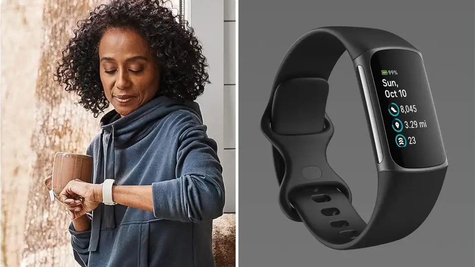 A woman wearing a Fitbit Charge 5 next to the Fitbit Charge 5 in front of a gray background.
