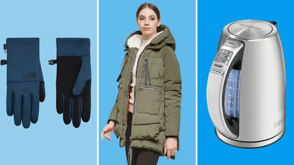 Photo collage of The North Face's navy and blue Etip Gloves, a person wearing olive green, fur-lined parka coat and the Cuisinart PerfecTemp Electric Kettle in a stainless steel finish.
