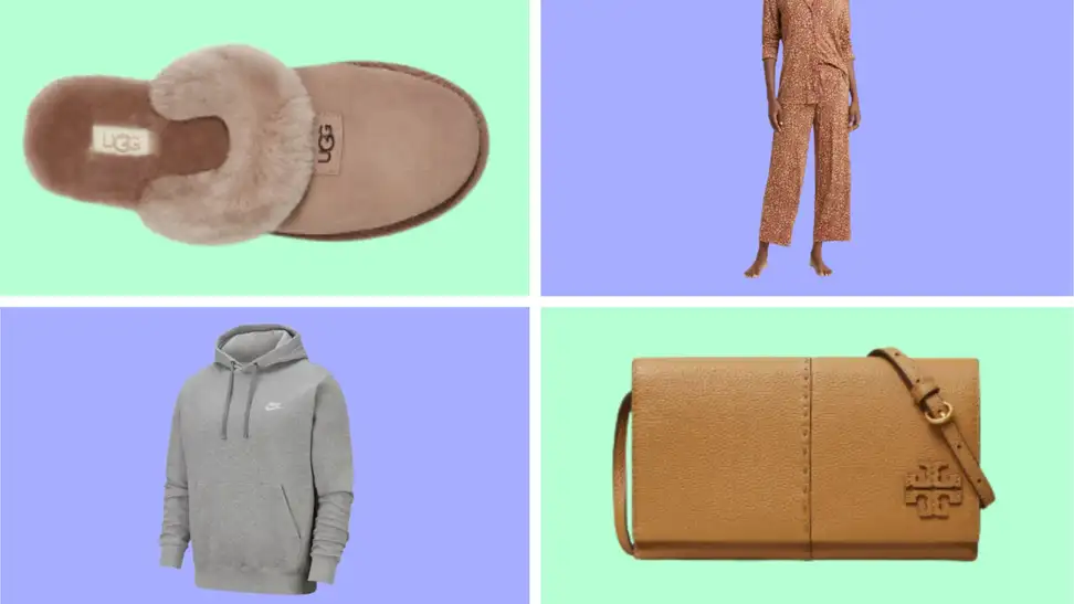 A collection of fashion items in front of colored backgrounds.