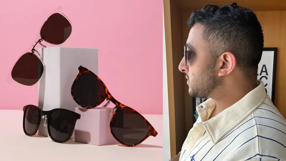 Two images – on the left is three pairs of pince-nez sunglasses against a pink background, on the right is the author wearing a pair, seen in profile.