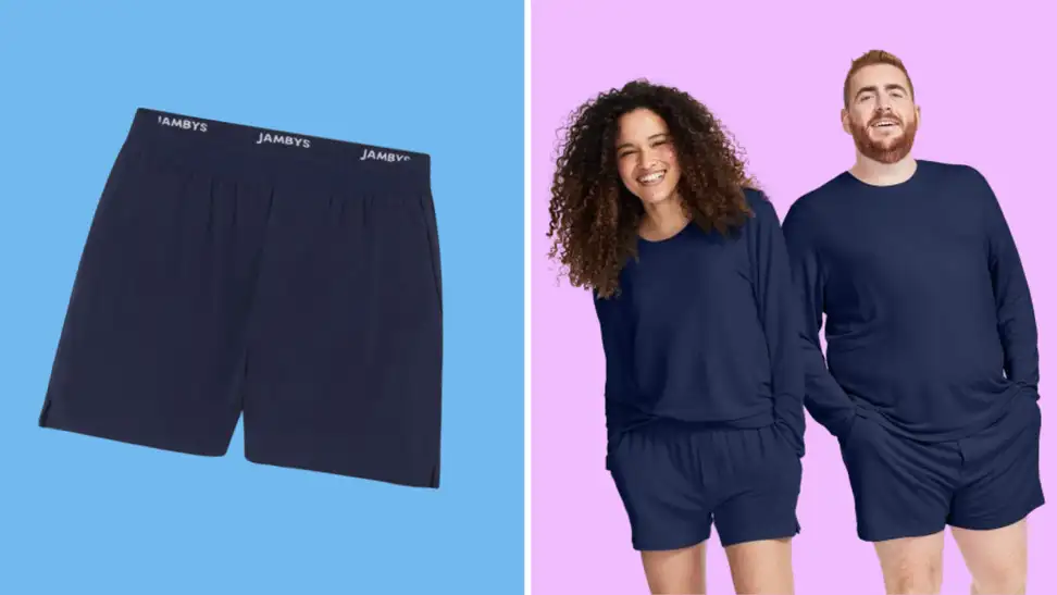 A collage of two images. On the left is a pair of blue boxer shorts with pockets, and on the right is a male and a female model wearing the same navy boxers with matching long-sleeved T-shirts and their hands in their pockets.