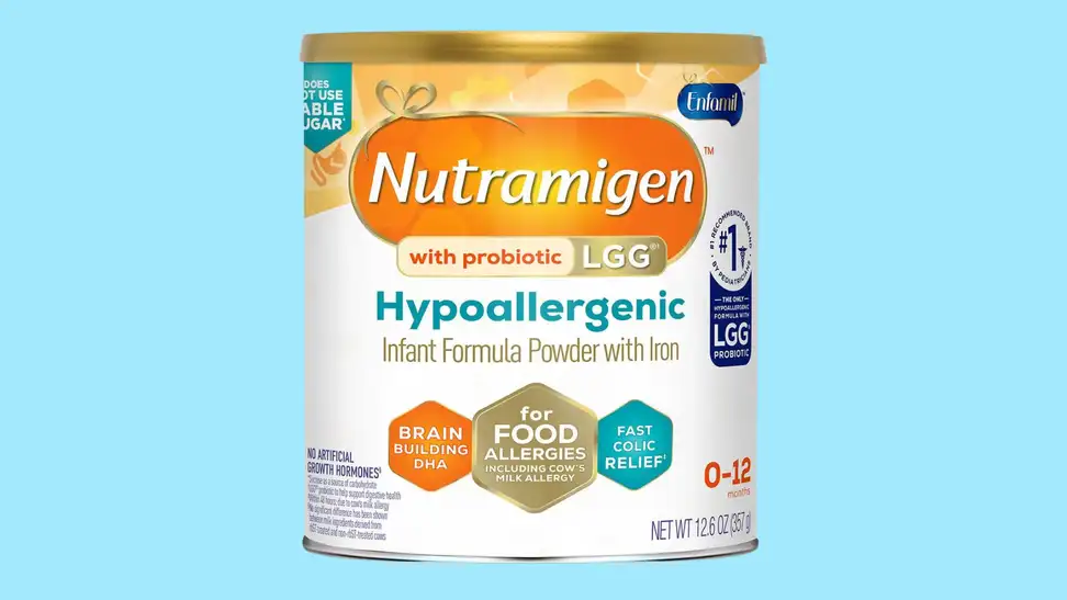 A can of the Enfamil Nutramigen that's up for recall is shown on a blue background.