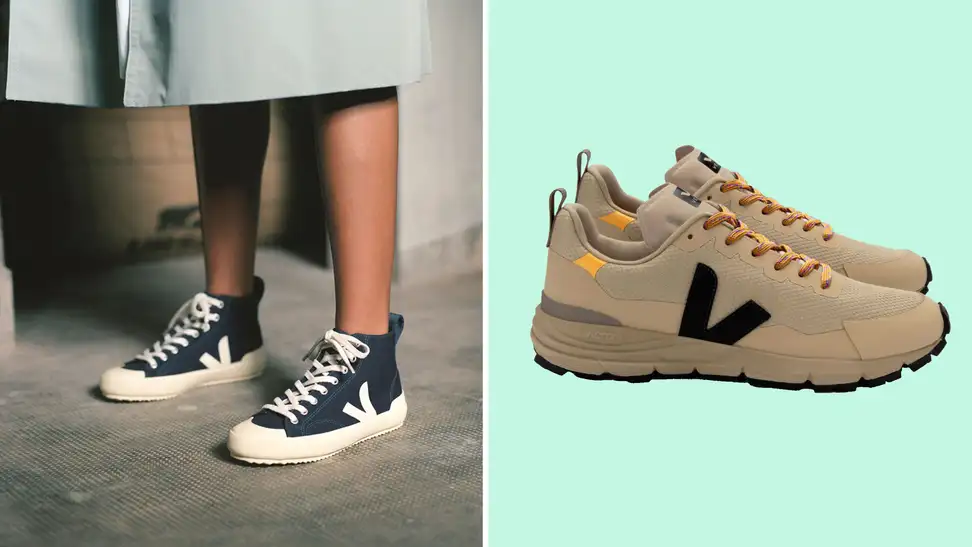 Veja sneakers in a colorful collage.