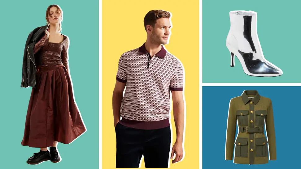 A model wearing a burgundy skirt, a male model wearing a patterned knit polo, a chrome silver ankle boot, and a green safari jacket.