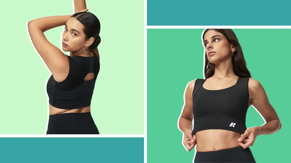 Collage of two images of models wearing a black sports bra.