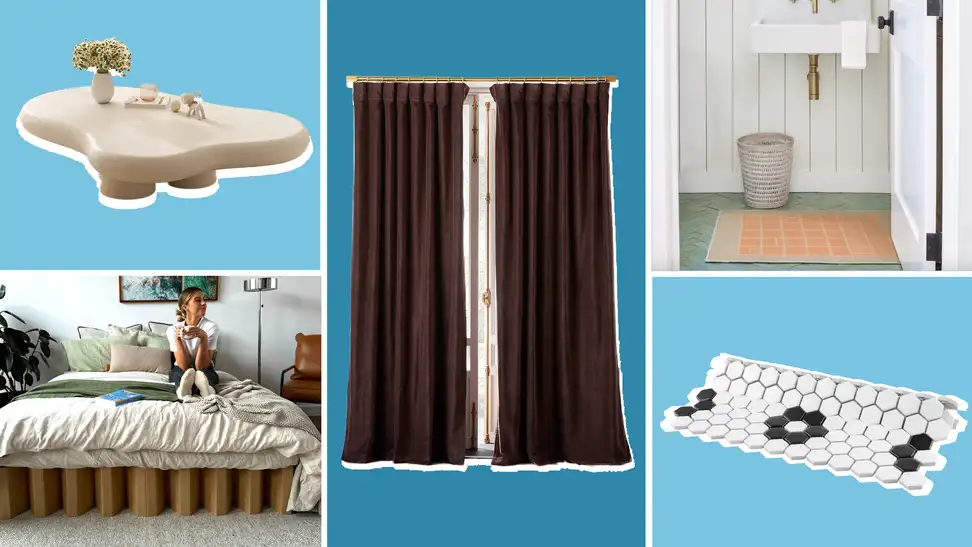 Photo collage of assorted furniture including velvet drapes, a coffee table, a tile sheet, a rug on a bathroom floor and a person sitting on top of a cardboard mattress frame.
